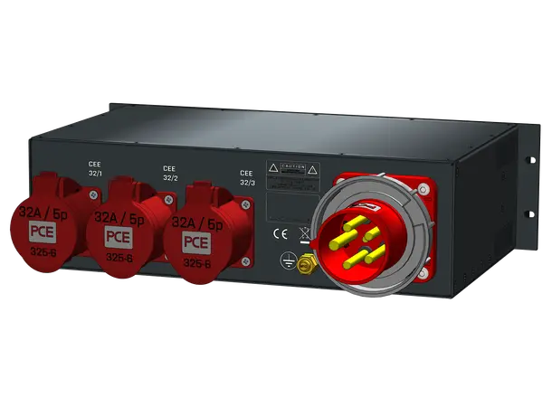 SRS PDU 63A RED-400V, Meter+fuses FRONT 63A/5 in (1,5m) + Chass link, 3x32A out 