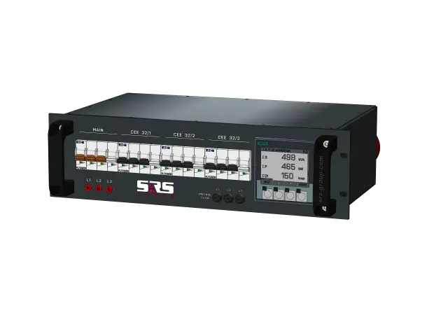 SRS PDU 63A RED-400V, Meter+fuses FRONT 63A/5 in (1,5m) + Chass link, 3x32A out 