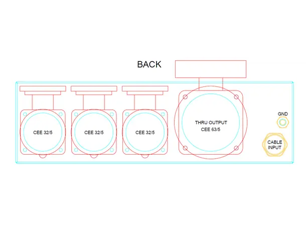 SRS PDU 63A BLUE 230V, Meter+fuses FRONT 63A/4 in(1,5m)+Chass link,3x32a BLUE out 