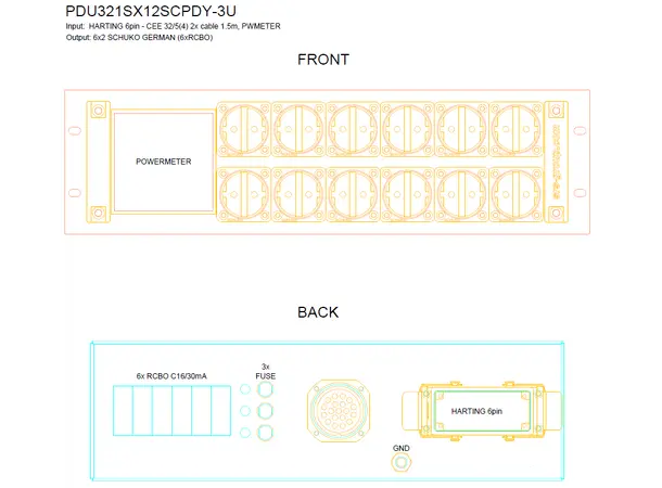 SRS PDU 6x16A,3U,12xSchuko+ Meter Front Rear Fuses,SOCA,32A Hybrid Hart,No Cable 