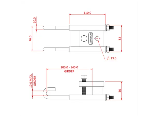 Doughty T29800 Justerbar girder clamp 100-140mm SWL 250kg M12 hull 