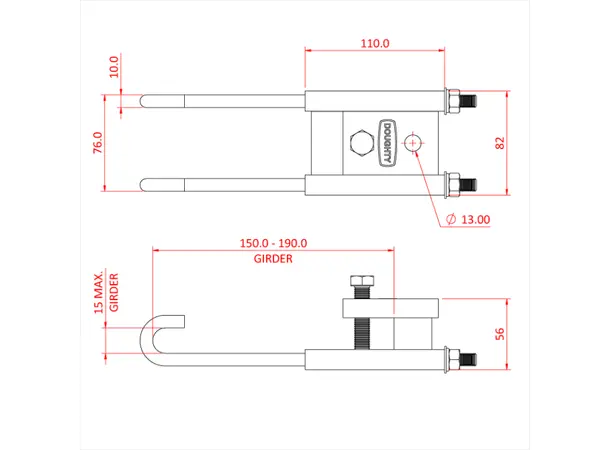 Doughty T29800 Justerbar girder clamp 100-140mm SWL 250kg M12 hull 