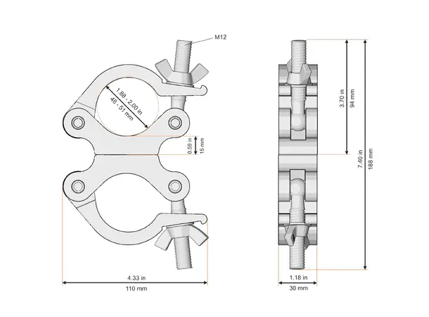 Fenix AC-654B Dobbel swivel clamp Bredde: 30mm. Belastning: 250kg. Sort 