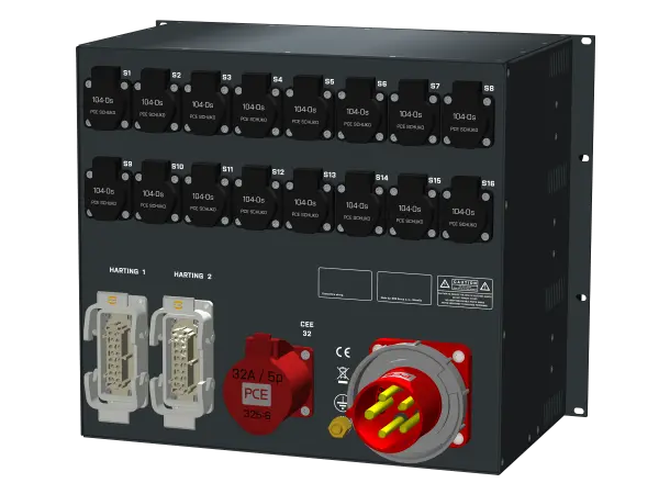 SRS PDU 2xH16 8x16A, 33xRCBO, PM 9U, in: CEE63/5 out: 1xCEE32/5,16xSF 