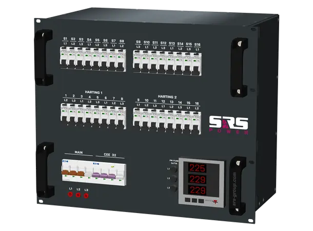 SRS PDU 2xH16 8x16A, 33xRCBO, PM 9U, in: CEE63/5 out: 1xCEE32/5,16xSF 