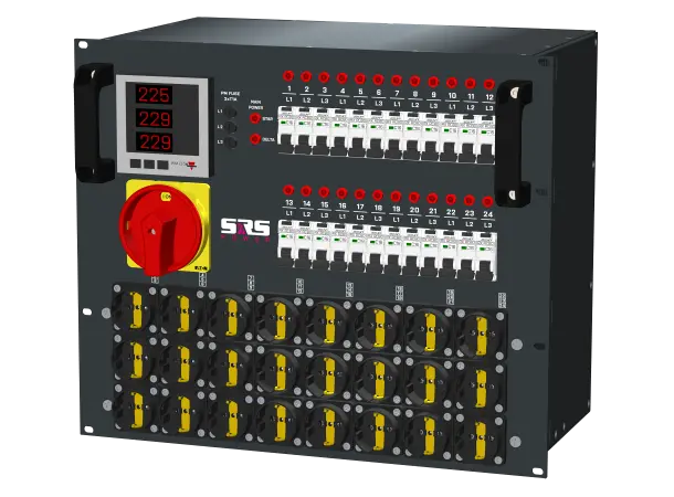 SRS PDU 63A-400V 24x16A Schuko out RØD 63A - 1,5M in, Meter 