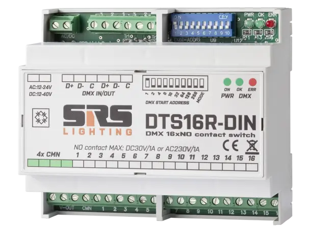 SRS DTS16R-DIN DMX switching unit 16x, 3A, DMX IN / DMX OUT 