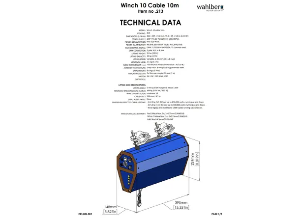 Wahlberg Winch 10 Cable DMX-vinsj med strøm og DMX 