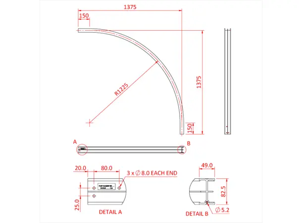 Doughty T85019 STUDIO RAIL 80 CURVED 90° R=105 (Silver) 