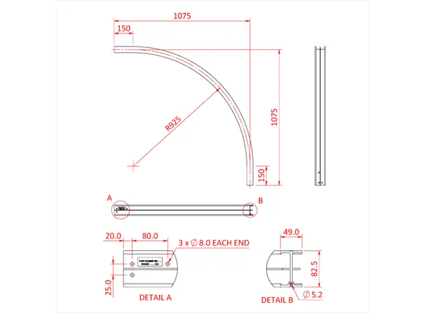 Doughty T85017 STUDIO RAIL 80 CURVED 90° R=75 (Silver) 