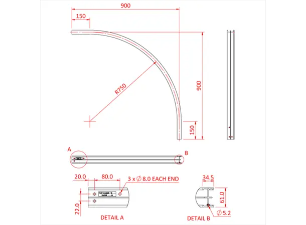 Doughty T84020 STUDIO RAIL CURVED 90° R=120 (Silver) 