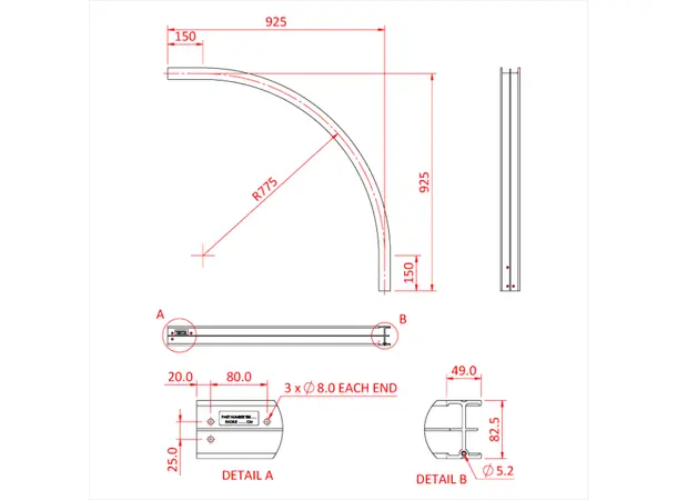 Doughty T85020 STUDIO RAIL 80 CURVED 90° R=120 (Silver) 