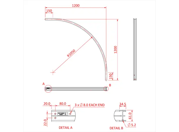 Doughty T84025 STUDIO RAIL CURVED 90° R=135 (Silver) 