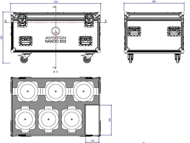 Ayrton Nando 502 (6) Flightcase w/Foam Wheels, 8 handles,4 plates, 120x80, Logo 