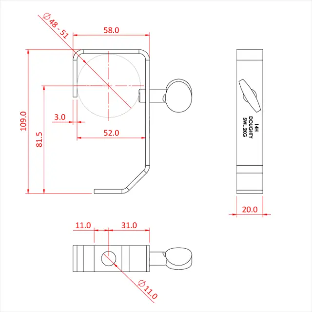 Doughty T2010301 HOOK CLAMP 50mm LIGHT DUTY (20 x 3 flat) (Black) 
