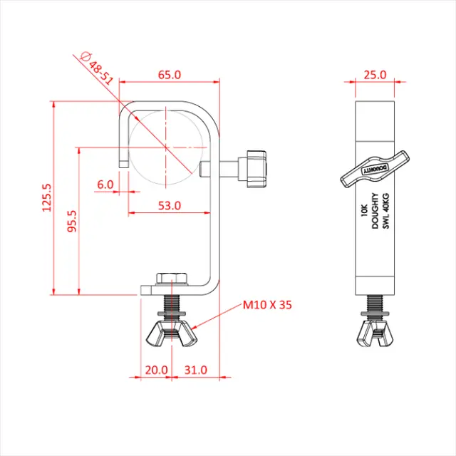 Doughty T2010401 HOOK CLAMP 50mm STANDARD (25 x 6 flat) c/w M10 fixings 