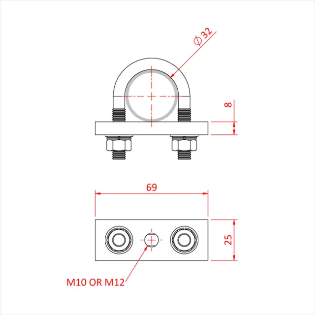 Doughty T32400 32mm "U" BOLT & M10 THREADED PLATE 