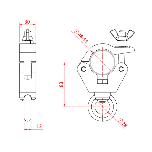 Doughty T58015 Slimline Hang Clamp BLACK Løfteøye, 48-51mm, 340kg, M12 Eyenut 