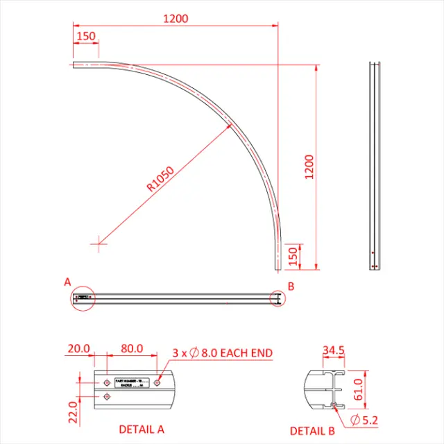 Doughty T84060 STUDIO RAIL CURVED 90° R=135 (Black) 