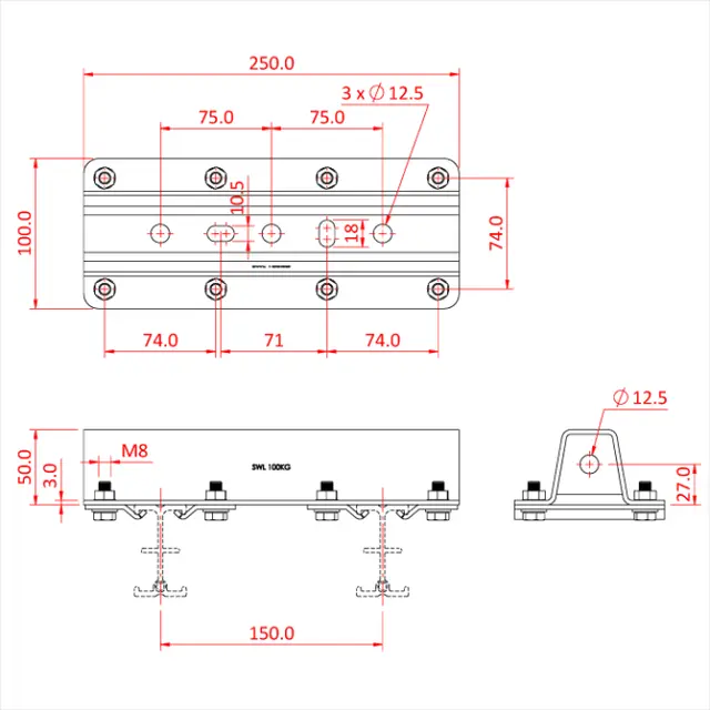 Doughty T84118 STUDIO RAIL TRIPLE RAIL SUSPENSION BRACKET WITH WALL FIXING 
