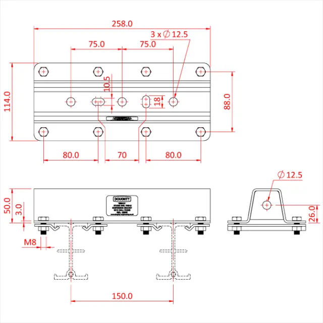 Doughty T85117 STUDIO RAIL 80 DOUBLE RAIL SUSPENSION BRACKET WITH WALL FIXING 
