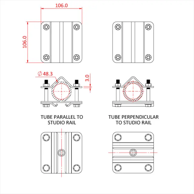 Doughty T85180 STUDIO RAIL 80 TO TUBE BRACKET supplied with rail clamps 