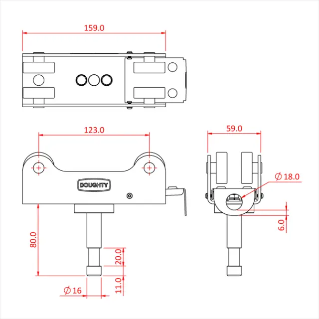 Doughty T85185 STUDIO RAIL 80 4 WHEEL CARRIAGE C/W 5/8" SPIGOT (BRAKE) 
