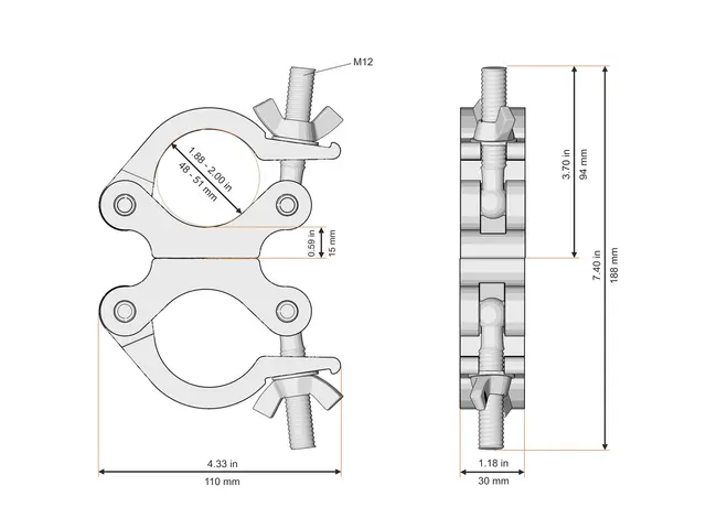 Fenix AC-654B Dobbel swivel clamp Bredde: 30mm. Belastning: 250kg. Sort 