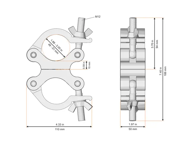 Fenix AC-664B Dobbel swivel clamp Bredde: 50mm. Belastning: 500kg. Sort 