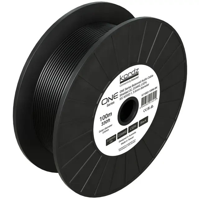 Kordz ONE Balanced Audio Cable Shielded 2C 22AWG, LSZH, black, 100m 