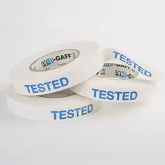 Le Mark Warning tape "Tested" hvit m/Blå  skrift 23mm x 45m