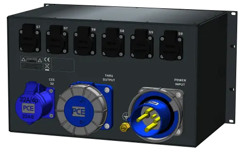 SRS PDU 63A-230V,6U, 32A + 9x16A Out 63A-230V chass in/ link, 10xRCBO 