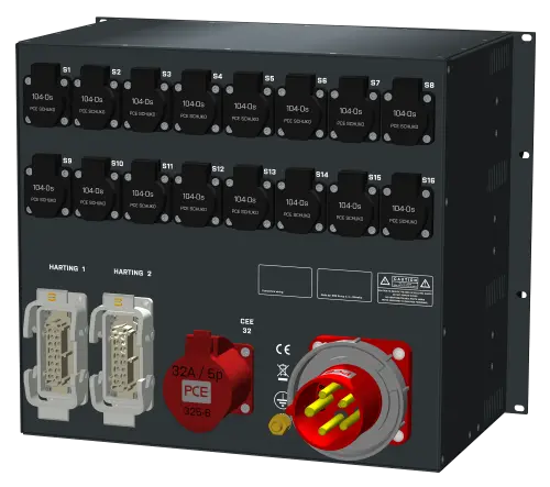 SRS PDU 2xH16 8x16A, 33xRCBO, PM 9U, in: CEE63/5 out: 1xCEE32/5,16xSF 