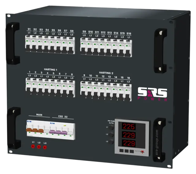 SRS PDU 2xH16 8x16A, 33xRCBO, PM 9U, in: CEE63/5 out: 1xCEE32/5,16xSF 