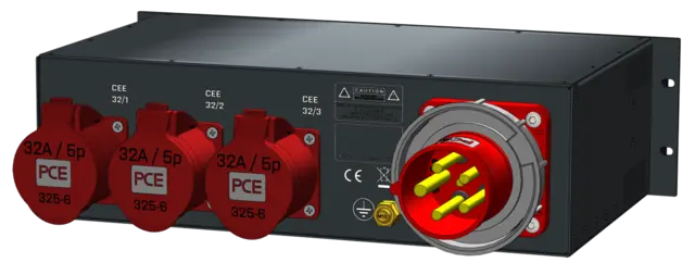 SRS PDU 63A RED-400V, Meter+fuses FRONT 63A/5 in (1,5m) + Chass link, 3x32A out 