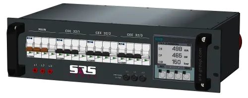 SRS PDU 63A RED-400V, Meter+fuses FRONT 63A/5 in (1,5m) + Chass link, 3x32A out 