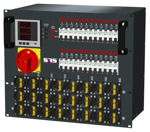 SRS PDU 63A-400V 24x16A Schuko out RØD 63A - 1,5M in, Meter 