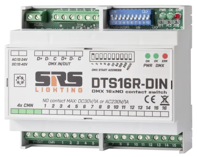 SRS DTS16R-DIN DMX switching unit 16x, 3A, DMX IN / DMX OUT 