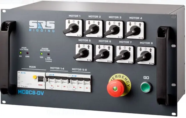 SRS MCBC 8-DV Hoist Control, 6U, CEE32A/5 in, 8 x CEE16/4 out 