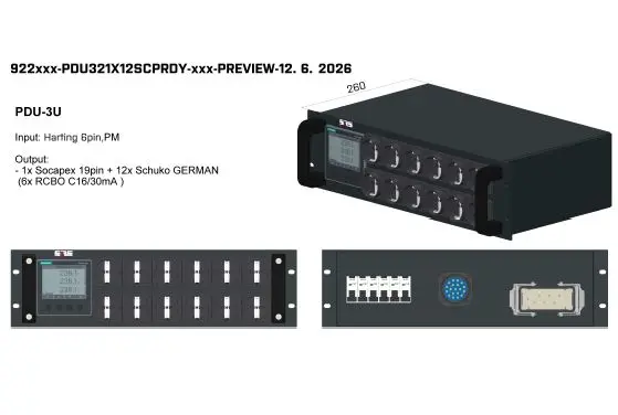 SRS PDU 6x16A,3U,12xSchuko+ Meter Front Rear Fuses,SOCA,32A Hybrid Hart,No Cable 