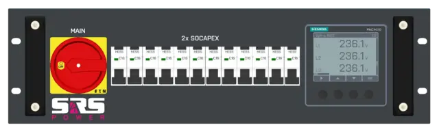 SRS PDU322XPRDY 3U Hybrid 230/400V 12xRCBO, In Han 6pin 3x32A, 2xSoca 