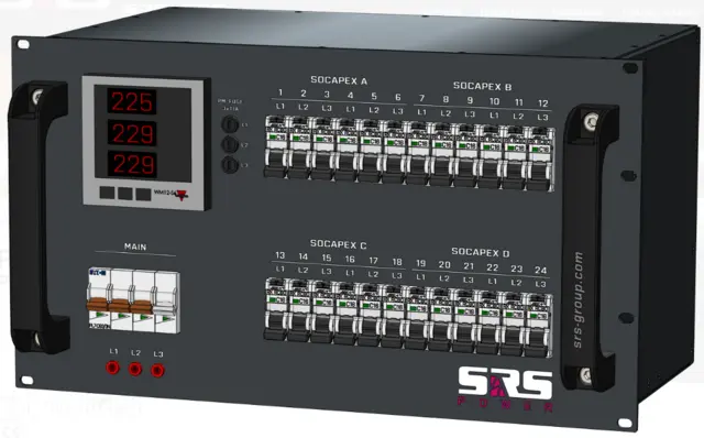 SRS PDU 6324SPRCBO 63A-230V 24x16A,Meter 63/4P-BLUE-1,5M in, 4xSOCA+24 Schuko Out 