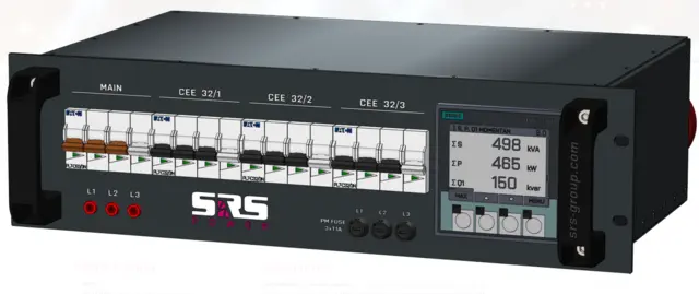 SRS PDU 63A BLUE 230V, Meter+fuses FRONT 63A/4 in(1,5m)+Chass link,3x32a BLUE out 