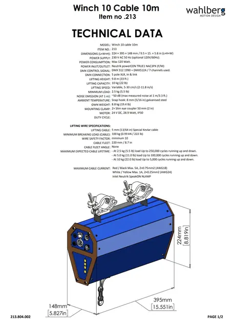 Wahlberg Winch 10 Cable DMX-vinsj med strøm og DMX 