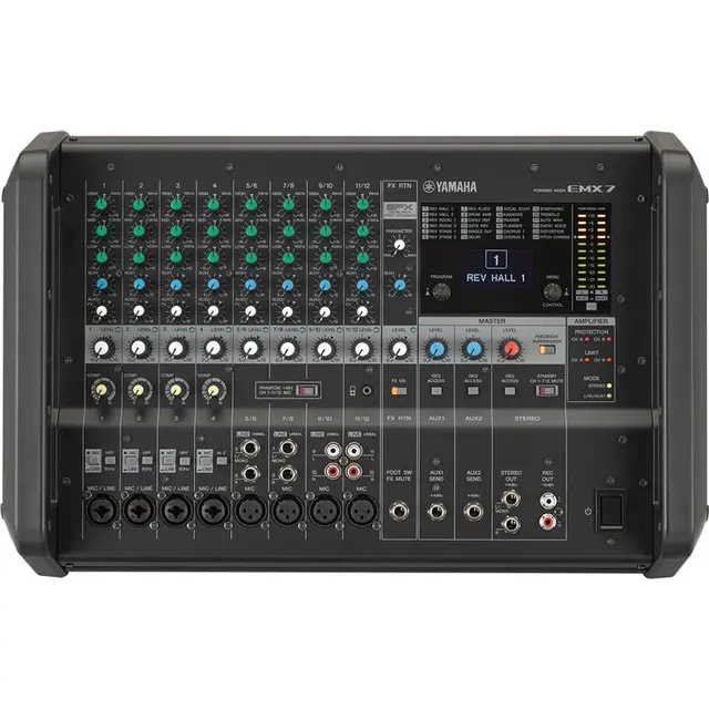 Yamaha EMX7, 2x 600W [4O] 12 Line Inputs (8 mono + 4 stereo) 